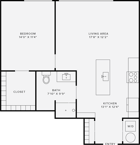 Floor plan for 1 bed, 1 bath, 851 sqft